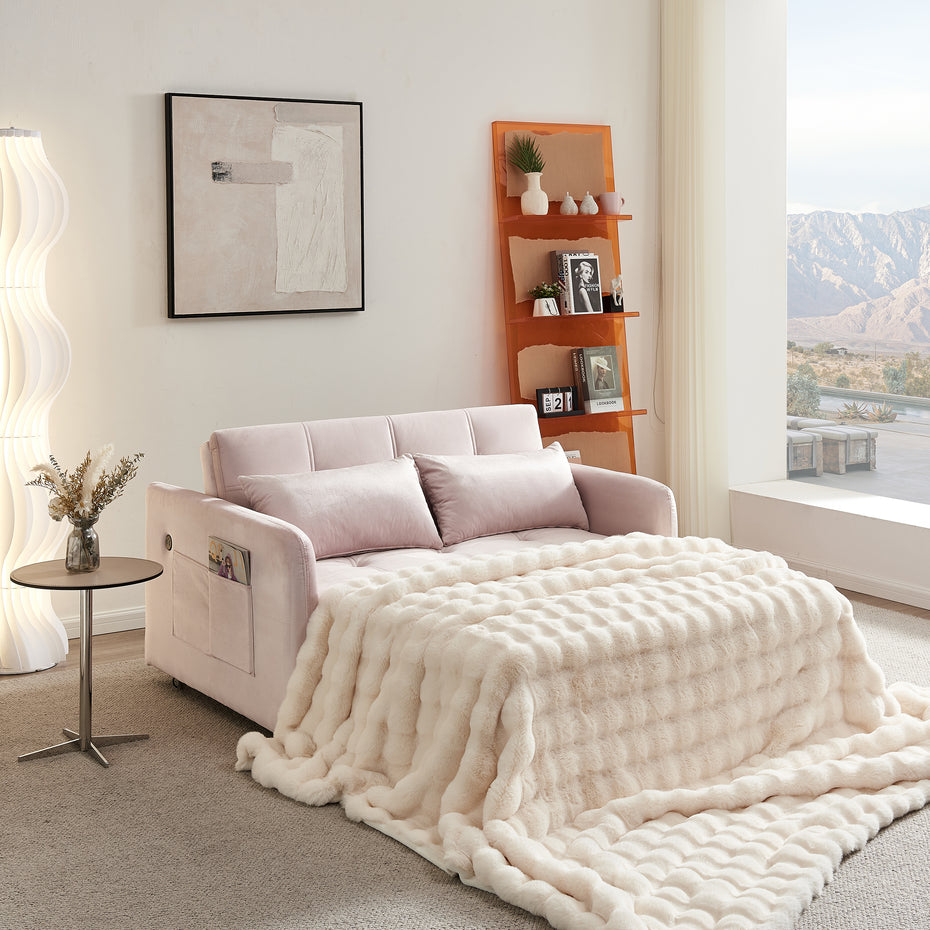 Matilda Convertible Velvet Sleeper Sofa Bed with USB charger Pink