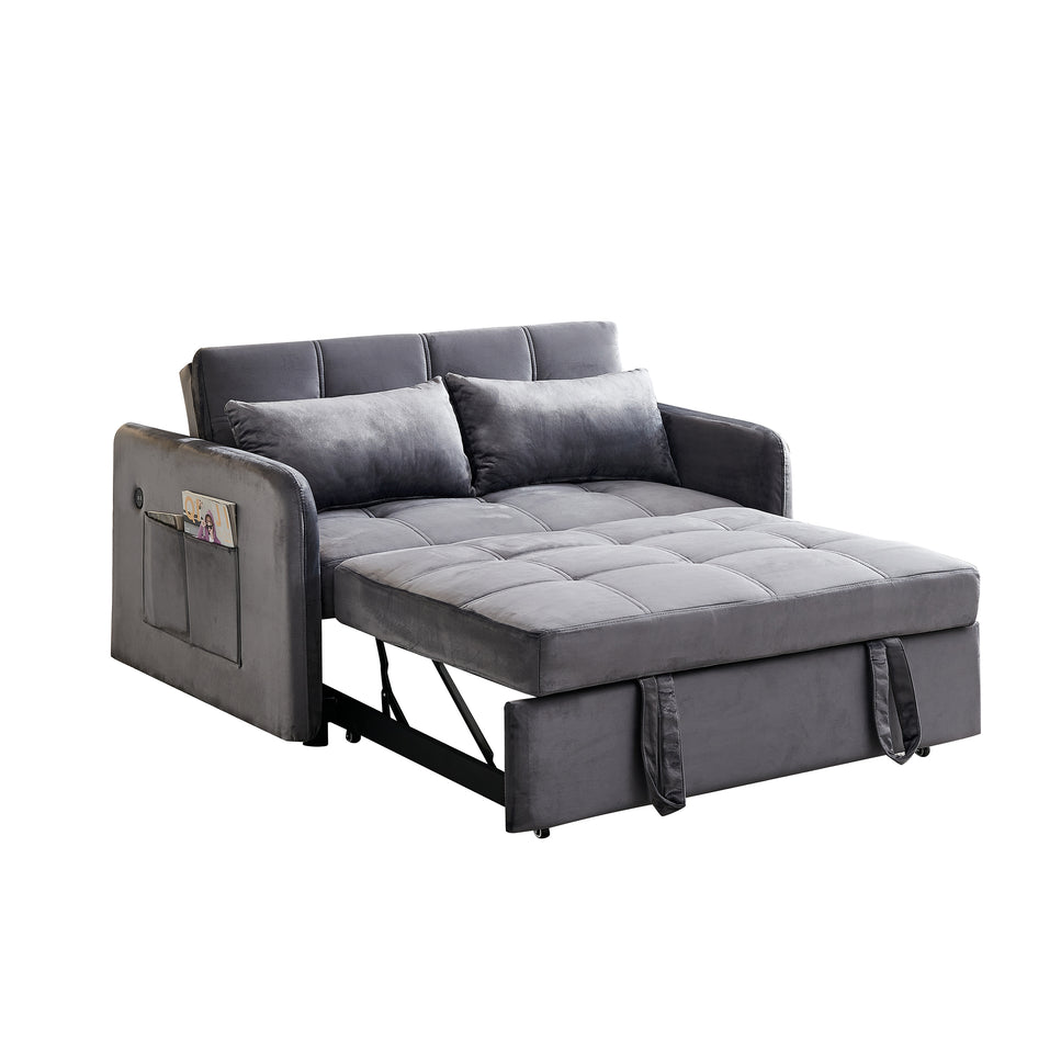 Matilda Convertible Velvet Sleeper Sofa Bed with USB charger Grey