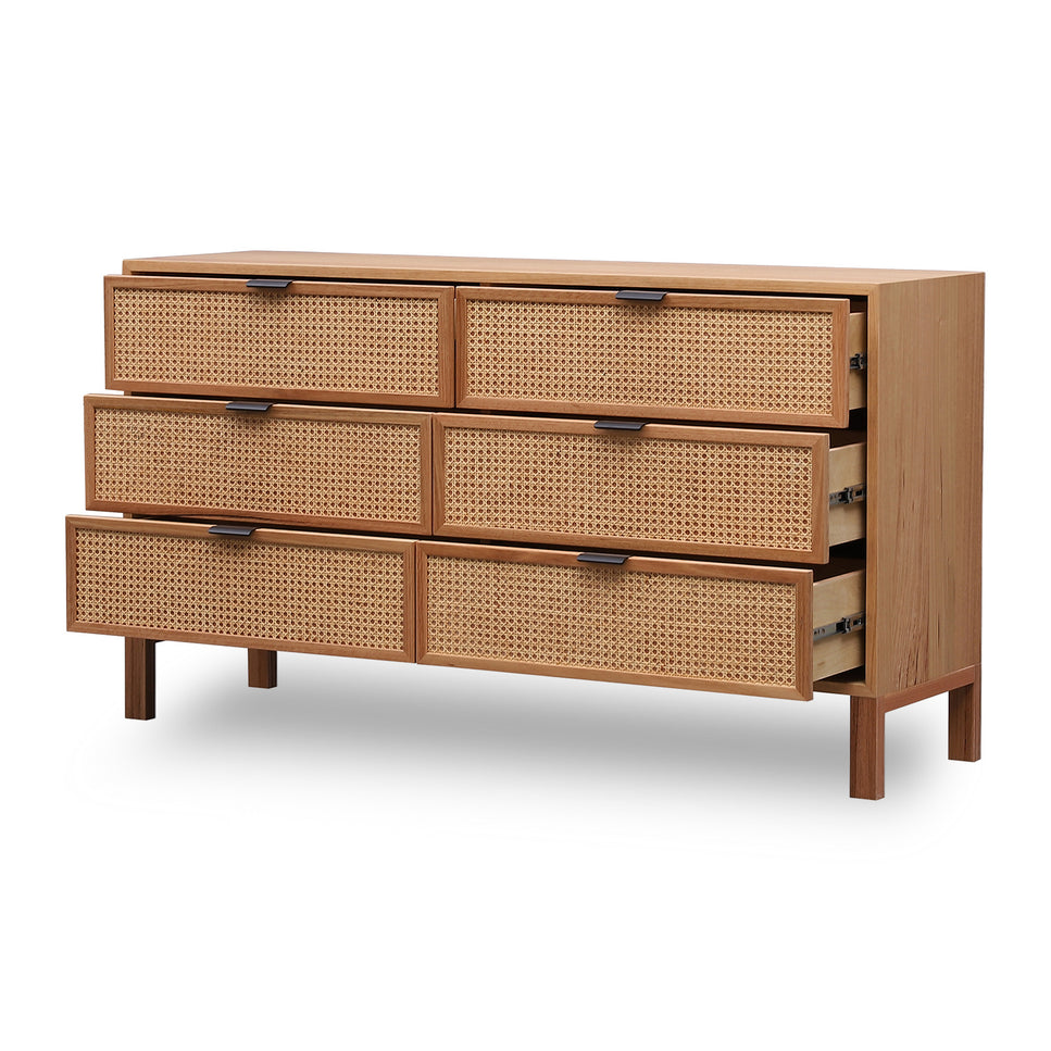 Junta Messmate Timber & Natural Rattan 6 Drawer Dresser