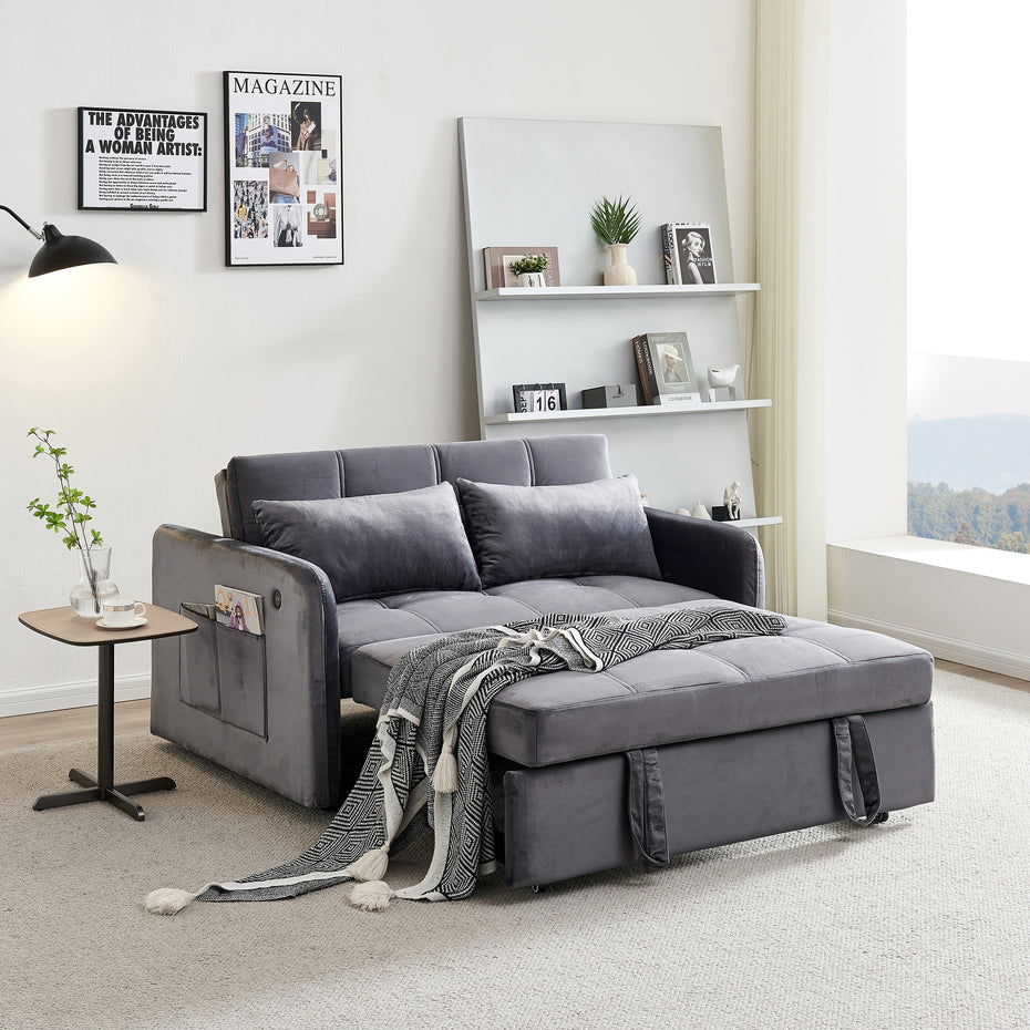 Matilda Convertible Velvet Sleeper Sofa Bed with USB charger Grey