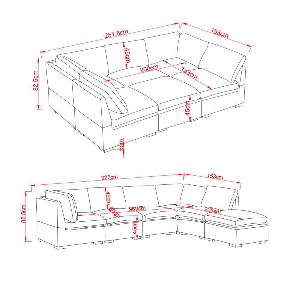 Lily Corduroy Fabric Modular Sofa Set 6 Seater Beige