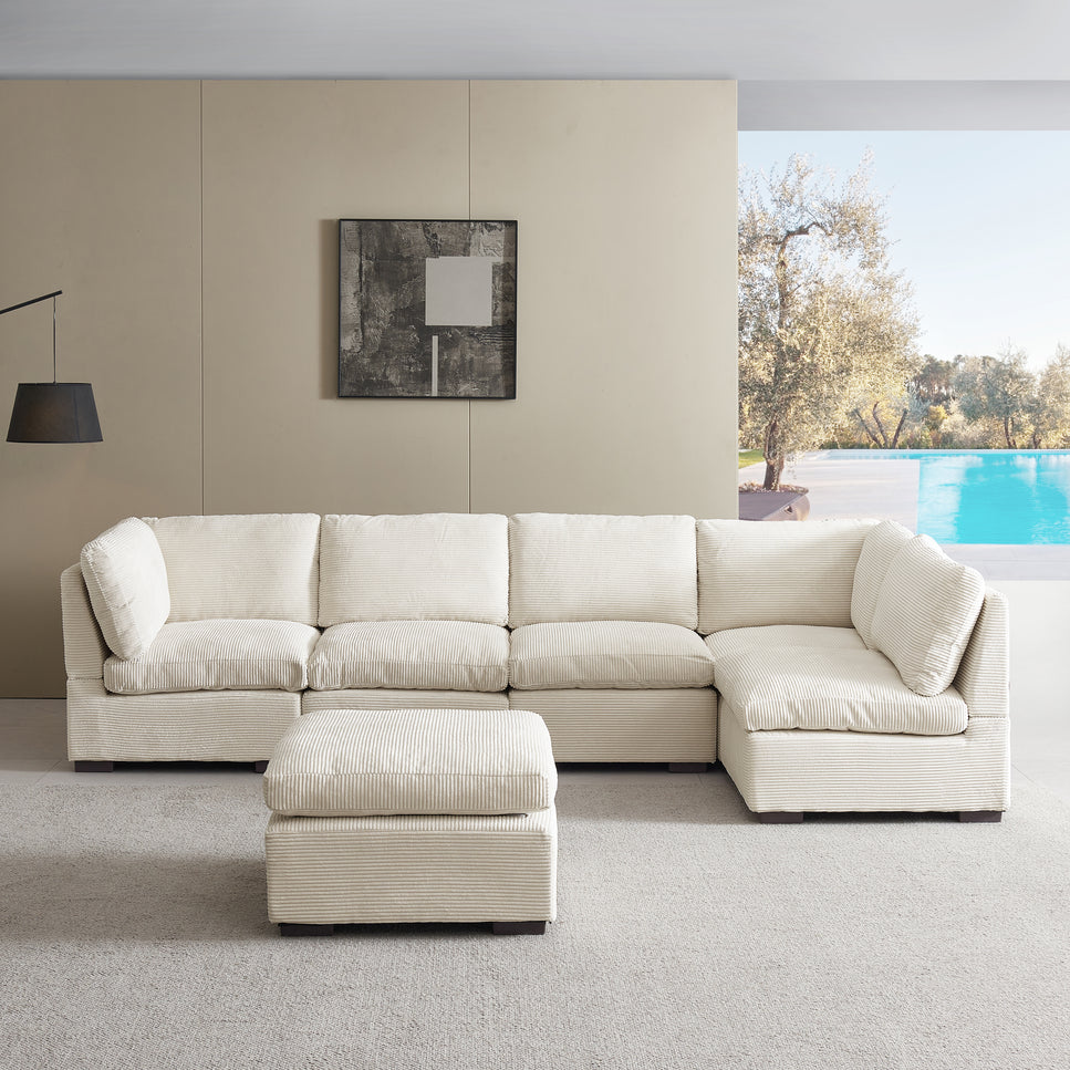 Lily Corduroy Fabric Modular Sofa Set 6 Seater Beige