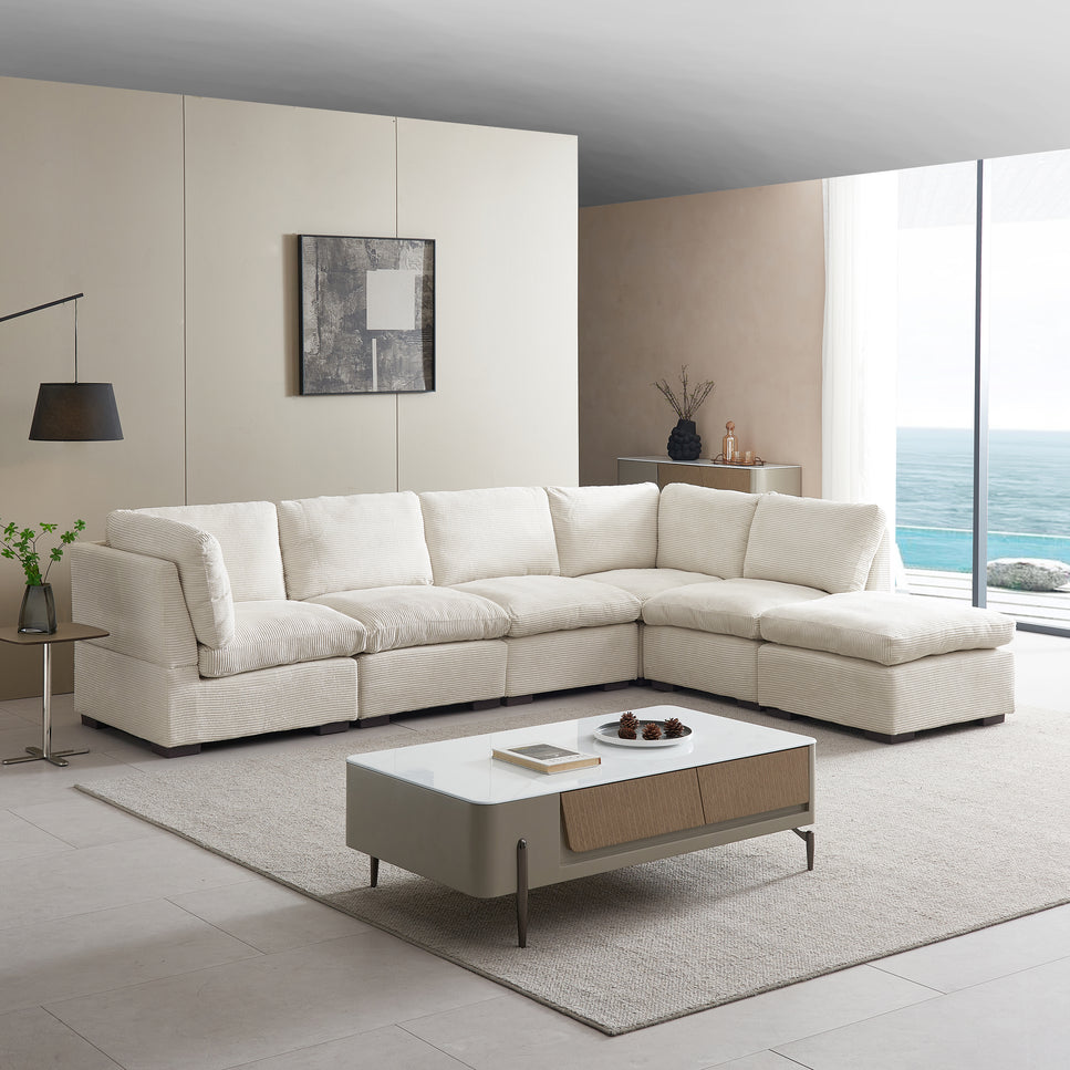 Lily Corduroy Fabric Modular Sofa Set 6 Seater Beige